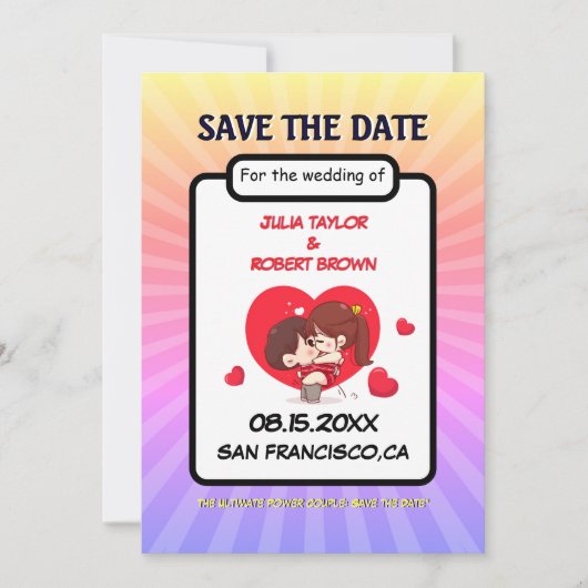 漫画ブックスタイルパーソナライズされたの保存日 招待状 (正面)