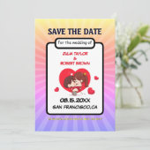 漫画ブックスタイルパーソナライズされたの保存日 招待状 (スタンド正面)