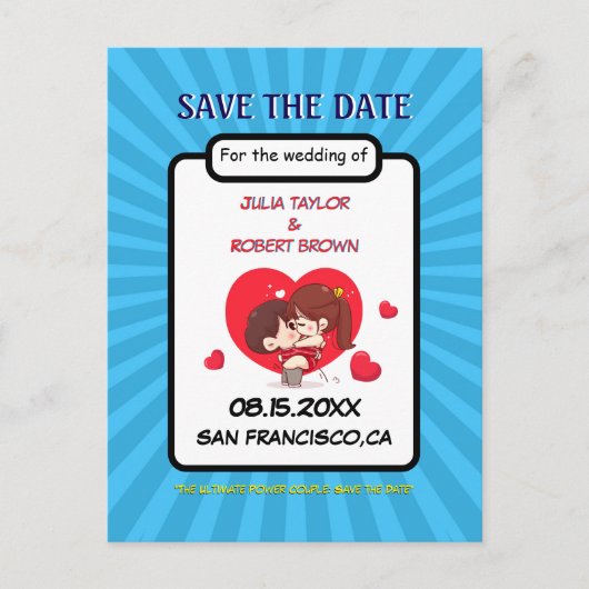 漫画ブックスタイルパーソナライズされたの保存日 案内ポストカード (正面)