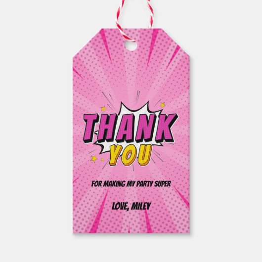 漫画ブックスーパーヒーローガールピンク誕生日ありがとう ギフトタグ (正面)