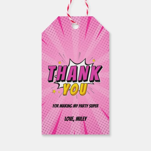 漫画ブックスーパーヒーローガールピンク誕生日ありがとう ギフトタグ (裏面)