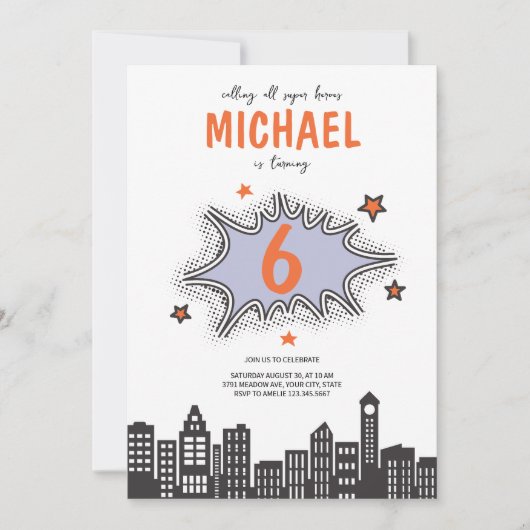 漫画ブックスーパーヒーローニーエイジ誕生日招待状 招待状 (正面)