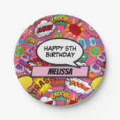 漫画ブックスーパーヒーローバースデーパーティーピンク ペーパープレート (正面)