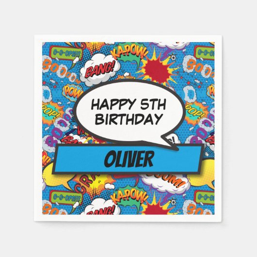 漫画ブックスーパーヒーローバースデーパーティーブルー スタンダードカクテルナプキン (正面)