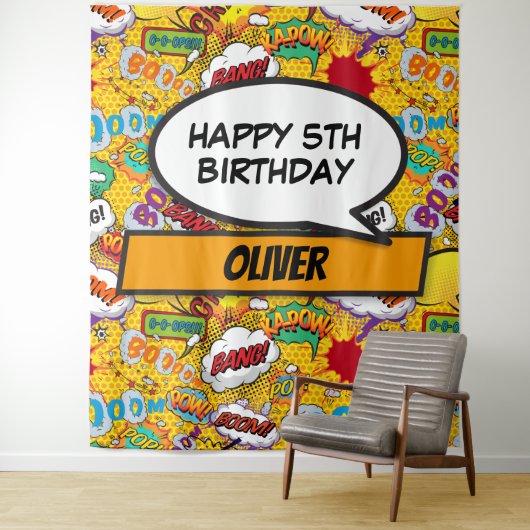 漫画ブックスーパーヒーローバースデーパーティー写真の背景 タペストリー (インサイチュ)
