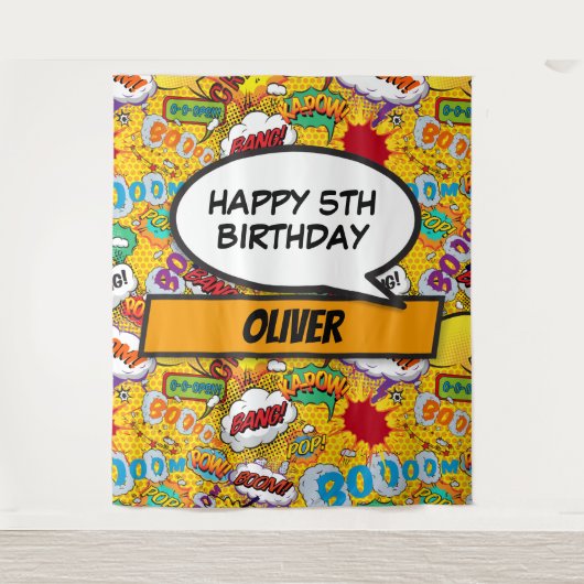 漫画ブックスーパーヒーローバースデーパーティー写真の背景 タペストリー (正面)