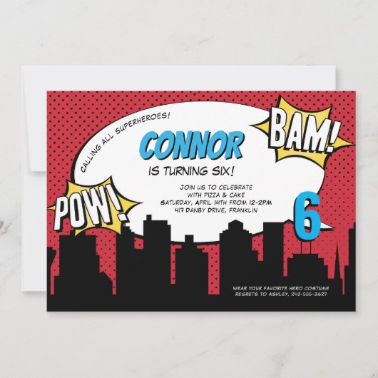 漫画ブックスーパーヒーローバースデーパーティー 招待状 (正面)