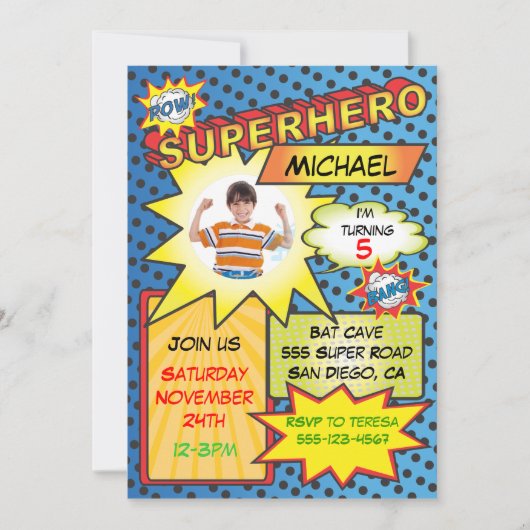 漫画ブックスーパーヒーローフォトバースデーパーティーの挿入 招待状 (正面)