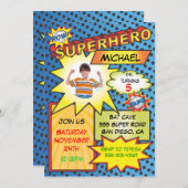 漫画ブックスーパーヒーローフォトバースデーパーティーの挿入 招待状 (正面/裏面)