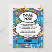 漫画ブックスーパーヒーロー誕生日パーティーブルーサンキューサンキュー サンキューカード (正面)