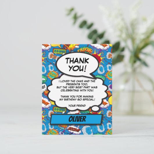 漫画ブックスーパーヒーロー誕生日パーティーブルーサンキューサンキュー サンキューカード (スタンド正面)