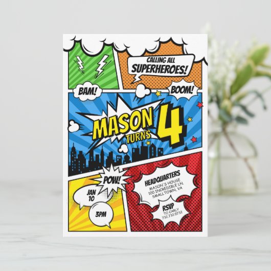 漫画ブックスーパーヒーロー誕生日招待状 招待状 (スタンド正面)