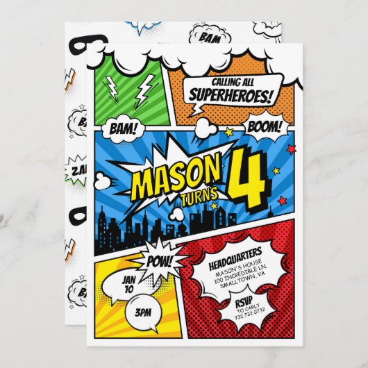 漫画ブックスーパーヒーロー誕生日招待状 招待状 (正面/裏面)