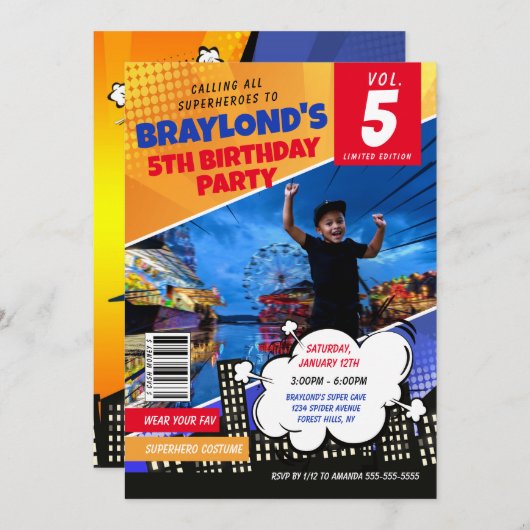 漫画ブックスーパーヒーロー誕生日招待状 招待状 (正面/裏面)