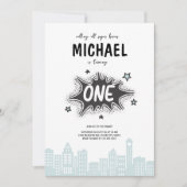 漫画ブックスーパーヒーロー1歳の誕生日招待状 招待状 (正面)