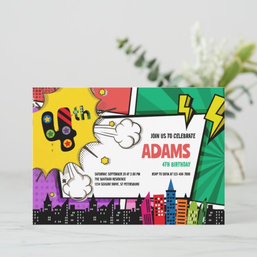 漫画ブックスーパーヒーロー4歳の誕生日 招待状 (スタンド正面)