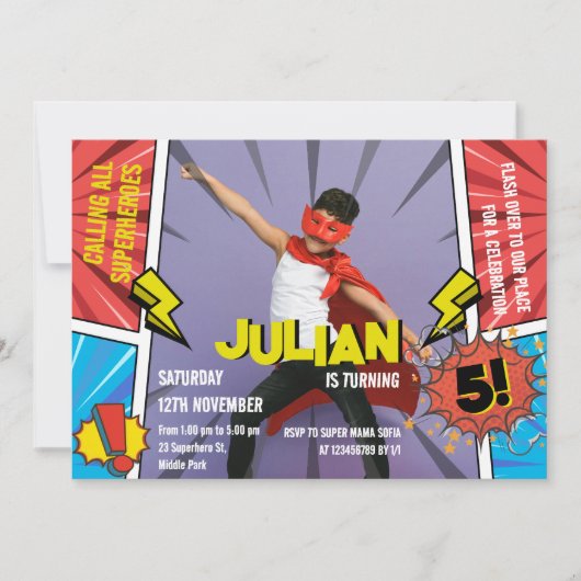 漫画ブックスーパーヒーロー5thボーイズ誕生日 招待状 (正面)