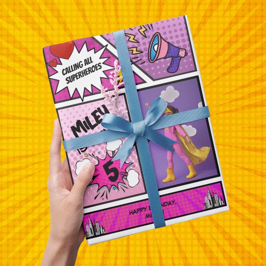 漫画ブックスーパーユニークヒーローガールズ誕生日 ラッピングペーパー