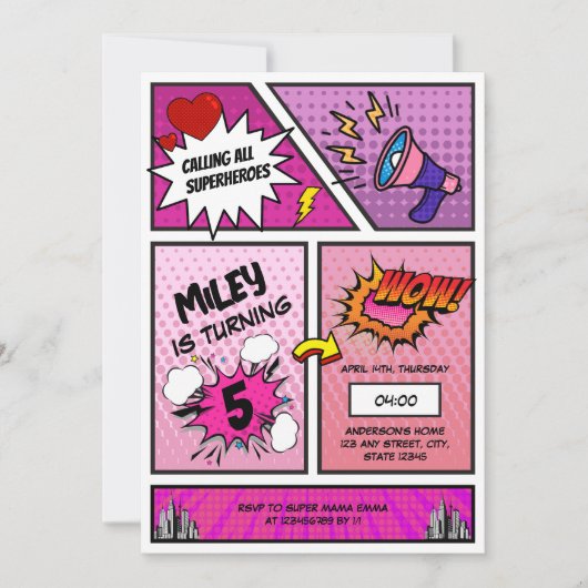 漫画ブックスーパーユニークヒーローガールズ誕生日 招待状 (正面)