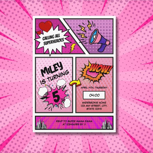 漫画ブックスーパーユニークヒーローガールズ誕生日 招待状