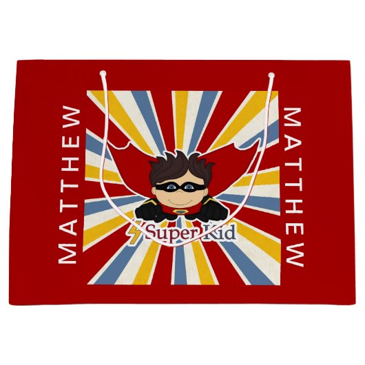 漫画ブックテーマを赤でスーパーヒーローボーイに ラージペーパーバッグ (正面)
