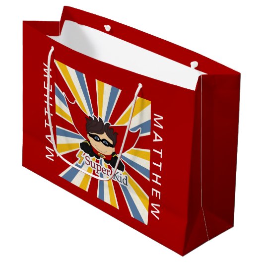 漫画ブックテーマを赤でスーパーヒーローボーイに ラージペーパーバッグ (正面アングル)