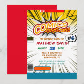 漫画ブックマガジンスタイル子供の誕生日パーティー 招待状 (正面/裏面)