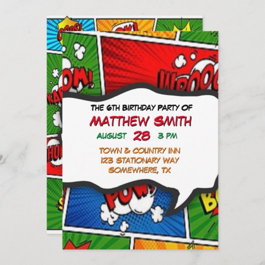 漫画ブックマガジンスタイル子供の誕生日パーティー 招待状 (正面/裏面)