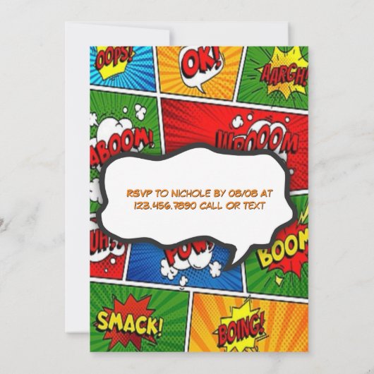 漫画ブックマガジンスタイル子供の誕生日パーティー 招待状 (裏面)