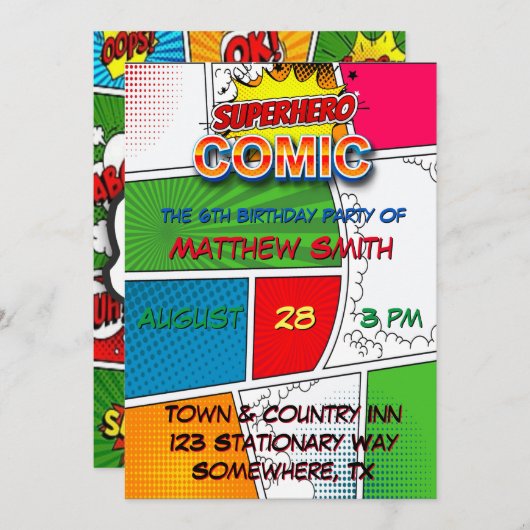 漫画ブックマガジンスタイル子供の誕生日パーティー 招待状 (正面/裏面)