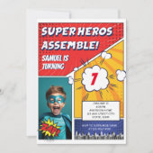 漫画ブックユニークスーパーヒーローボーイズフォト誕生日 招待状 (正面)