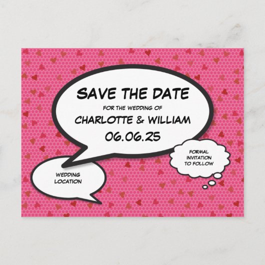 漫画ブック日付を保存ピンクのハート 案内ポストカード (裏面)