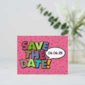 漫画ブック日付を保存ピンクのハート 案内ポストカード (スタンド正面)