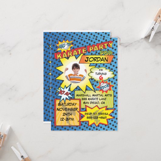 漫画ブック空手パーティの招待状 招待状 (正面/裏面インサイチュ)