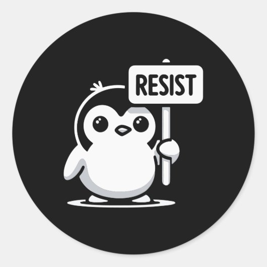 漫画ペンギン保持"RESIST"サイン – B & W ラウンドシール (正面)