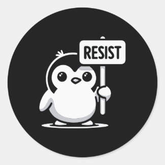 漫画ペンギン保持"RESIST"サイン – B & W ラウンドシール