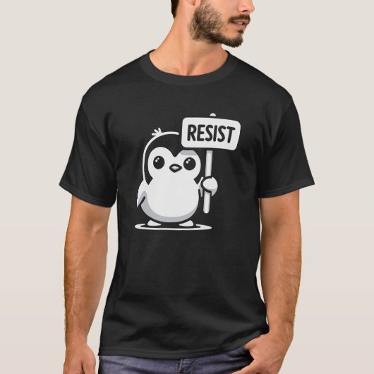 漫画ペンギン保持"RESIST"サイン – B & W Tシャツ (正面)