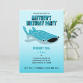 漫画ホエールシャークキュートブルー海誕生日 招待状 (スタンド正面)