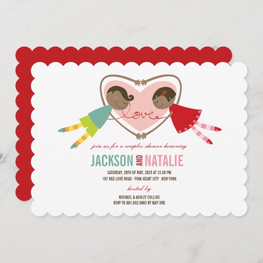 漫画ボーイガールラブハートカップルウェディングシャワー 招待状 (正面/裏面)