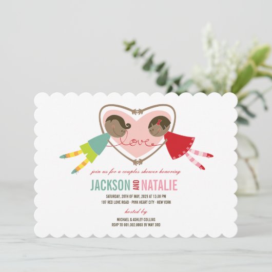 漫画ボーイガールラブハートカップルウェディングシャワー 招待状 (スタンド正面)