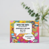 漫画ポップ・アートのアー💥🎨の結婚落書き日付を保存 案内ポストカード (スタンド正面)