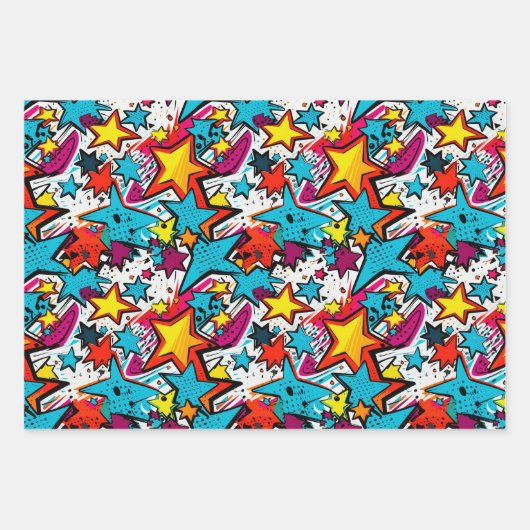 漫画ポップ・アートのアートスタイルスターズカラフルパターンギフト ラッピングペーパーシート (正面2)