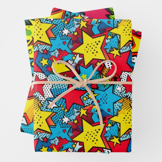 漫画ポップ・アートのアートスタイルスターズカラフルパターンギフト ラッピングペーパーシート (インサイチュ)
