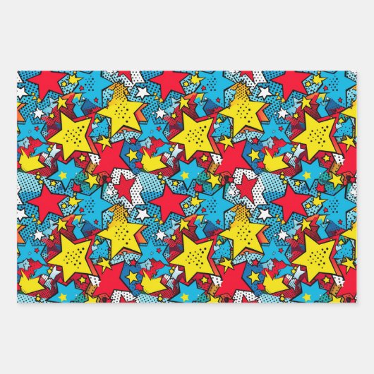 漫画ポップ・アートのアートスタイルスターズカラフルパターンギフト ラッピングペーパーシート (正面)