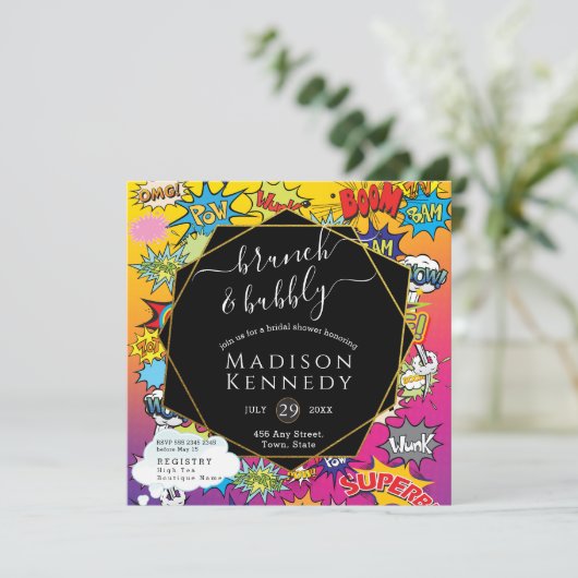漫画ポップ・アートのアール💥🎨ブランチウェディングシャワー 招待状 (スタンド正面)