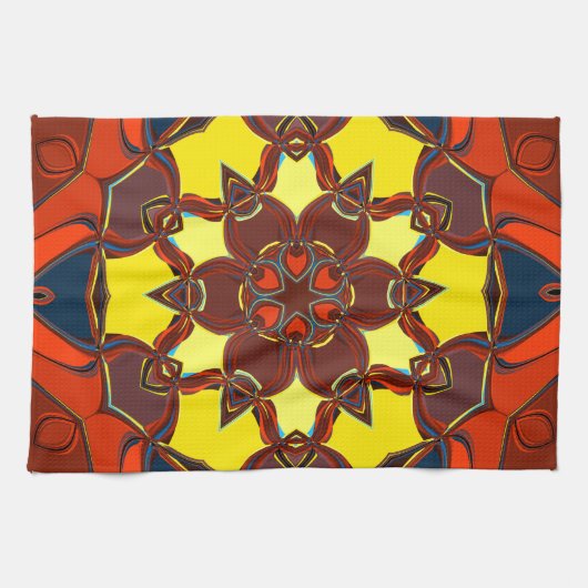 漫画マンダラフラワーイエローオレンジとブルー キッチンタオル (横)