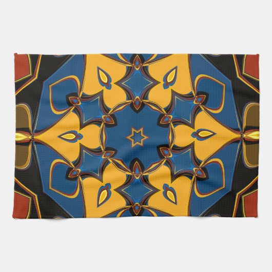 漫画マンダラフラワーイエローブルーとオレンジ キッチンタオル (横)