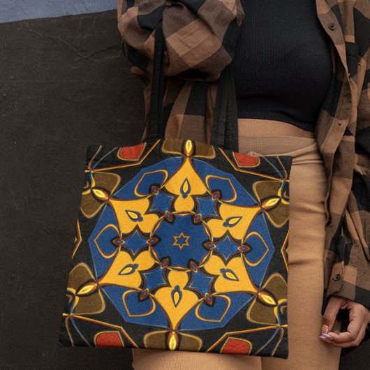 漫画マンダラフラワーイエローブルーとオレンジ トートバッグ