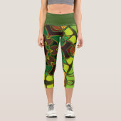 漫画マンダラフラワーグリーン黄色とオレンジ カプリレギンス (正面)