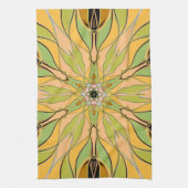 漫画マンダラフラワーグリーン黄色とオレンジ キッチンタオル (縦)